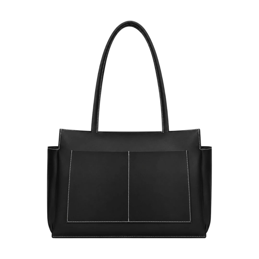 Lapenz Female Black Leather Shoulder Bag with Front Pockets