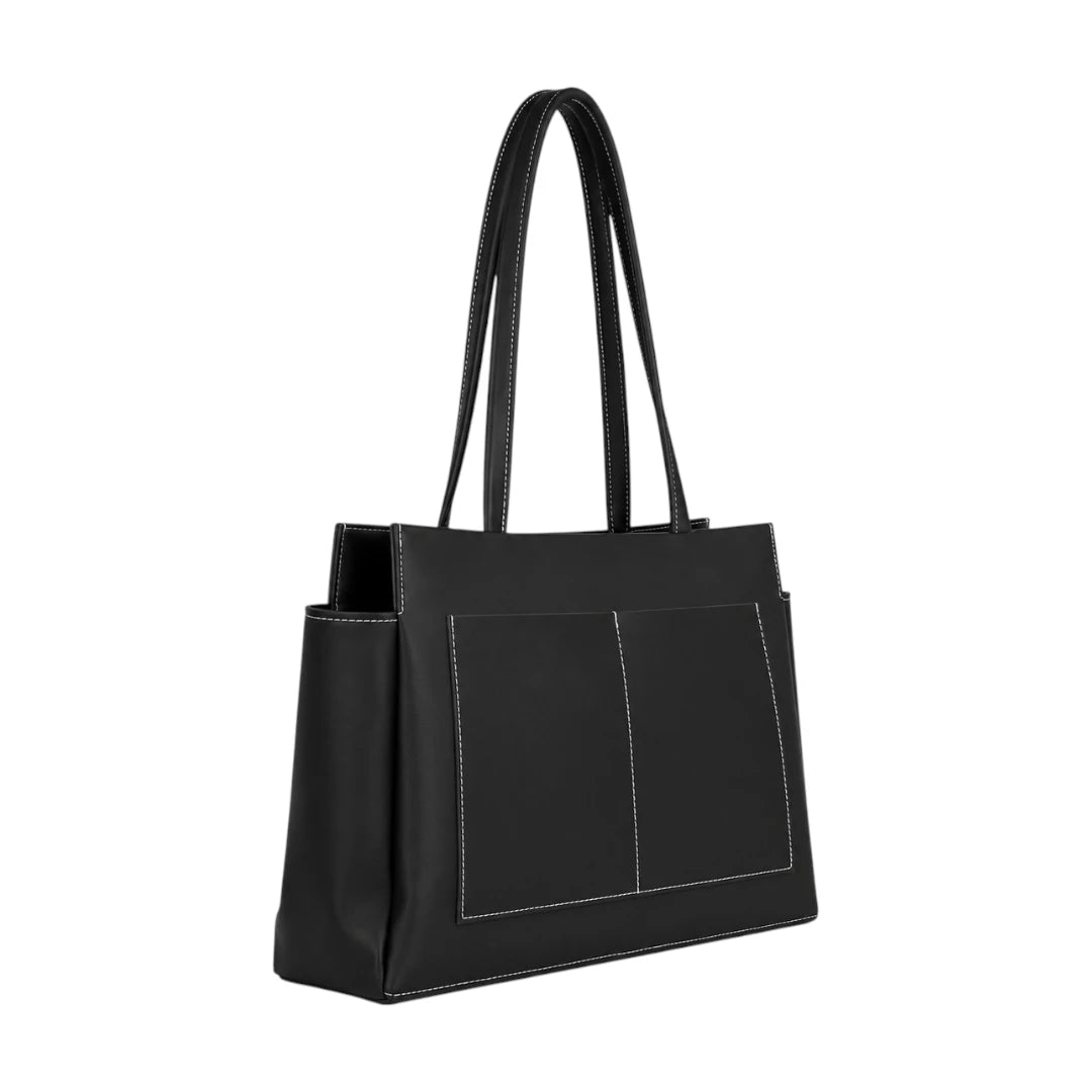 Lapenz Female Black Leather Shoulder Bag with Front Pockets