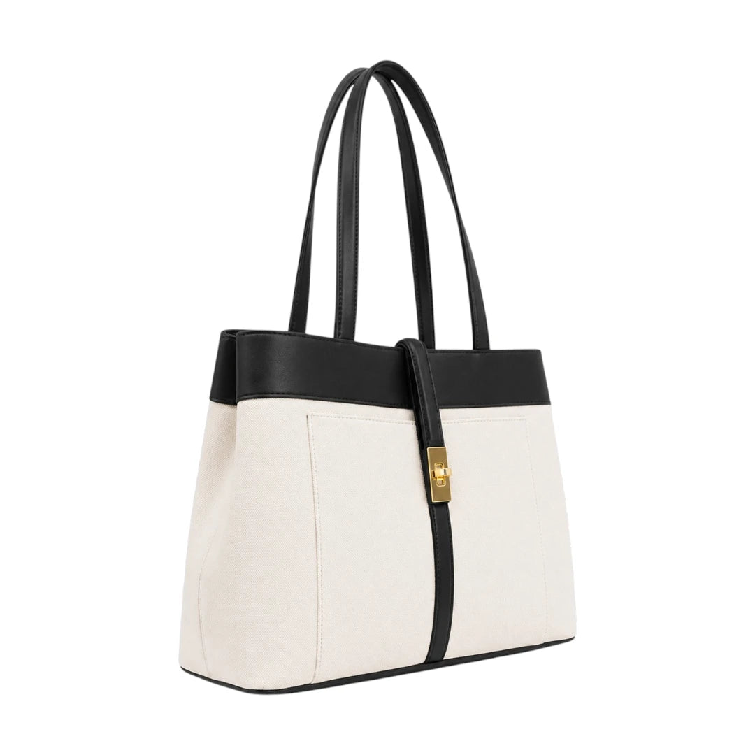 Lapenz Female White Canvas Tote Handbag with Gold Turn-Lock Clasp
