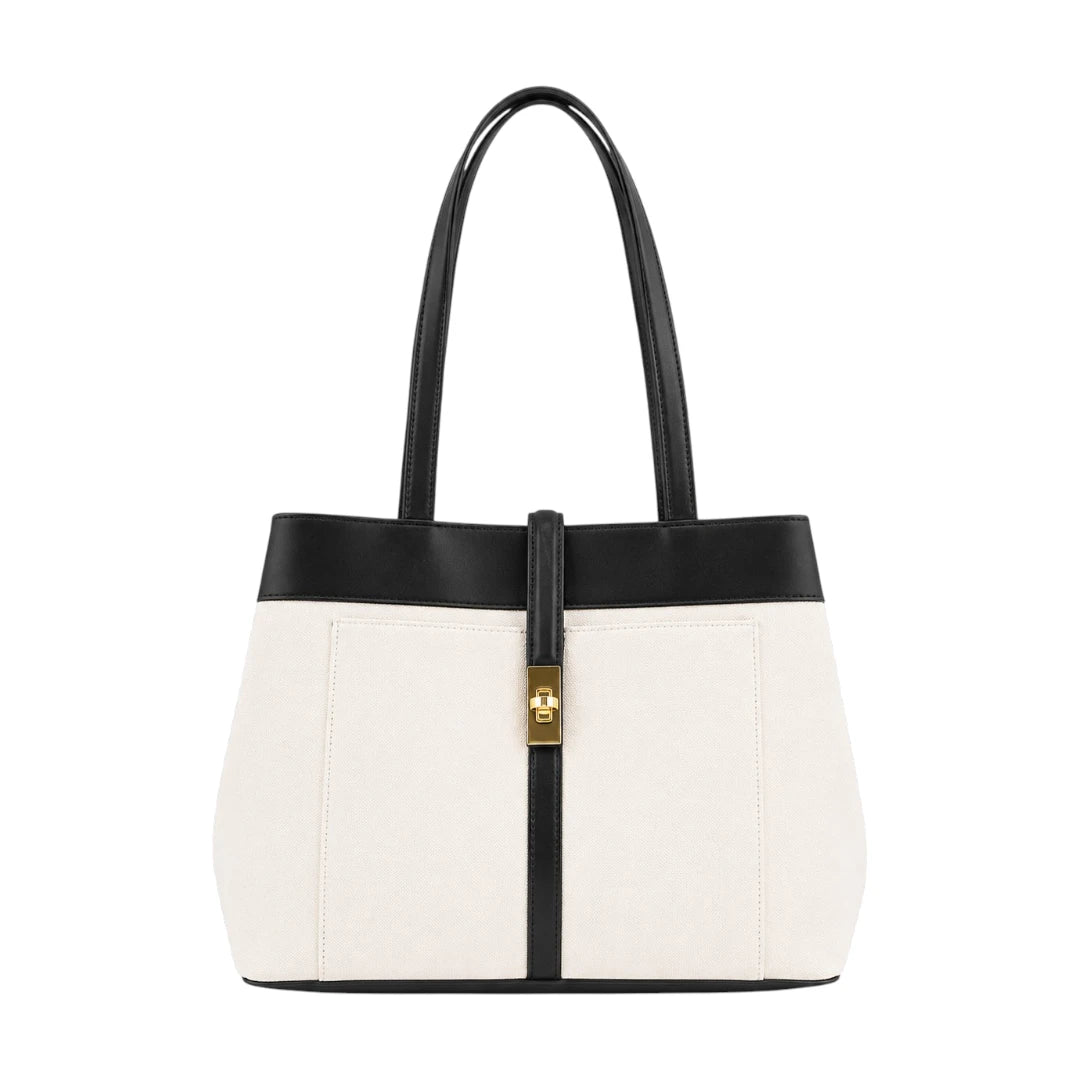 Lapenz Female White Canvas Tote Handbag with Gold Turn-Lock Clasp