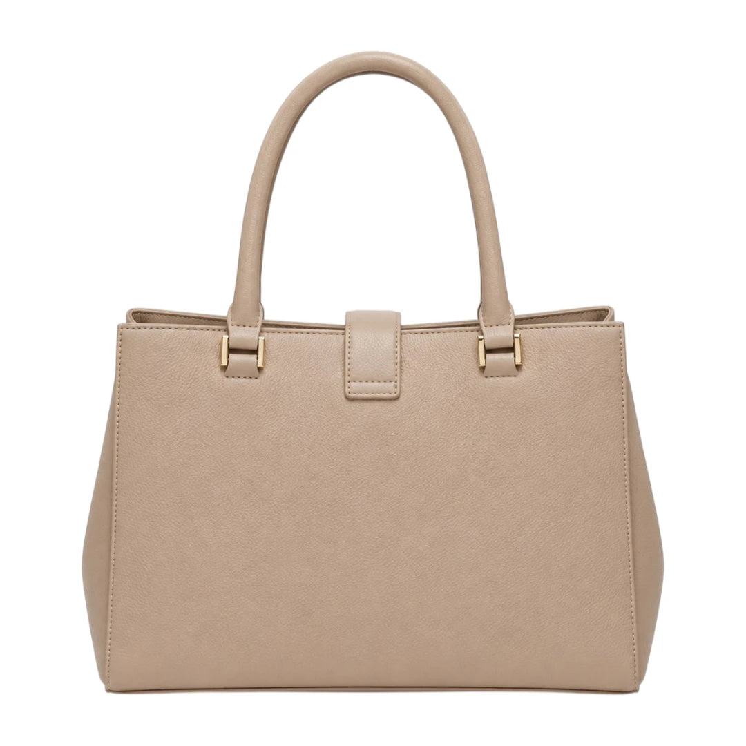 Lapenz Women's Beige Structured Handbag with Gold Clasp and Center Strap
