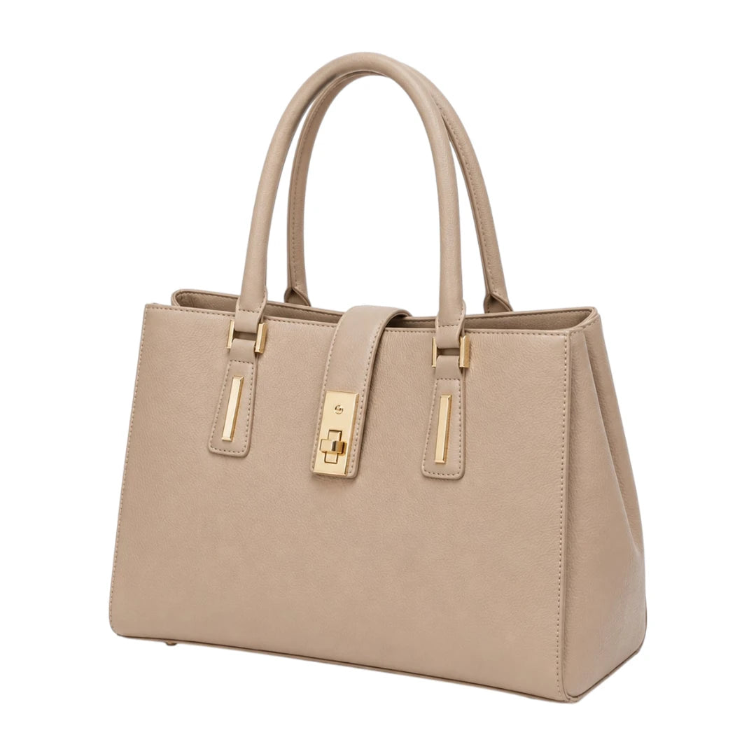 Lapenz Women's Beige Structured Handbag with Gold Clasp and Center Strap