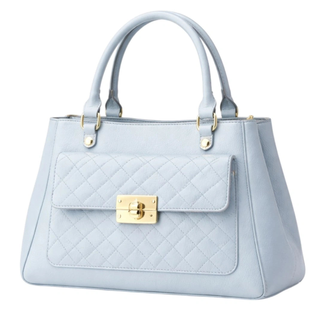 Lapenz Women's Light Blue Quilted Flap Handbag with Gold Turn-Lock Clasp