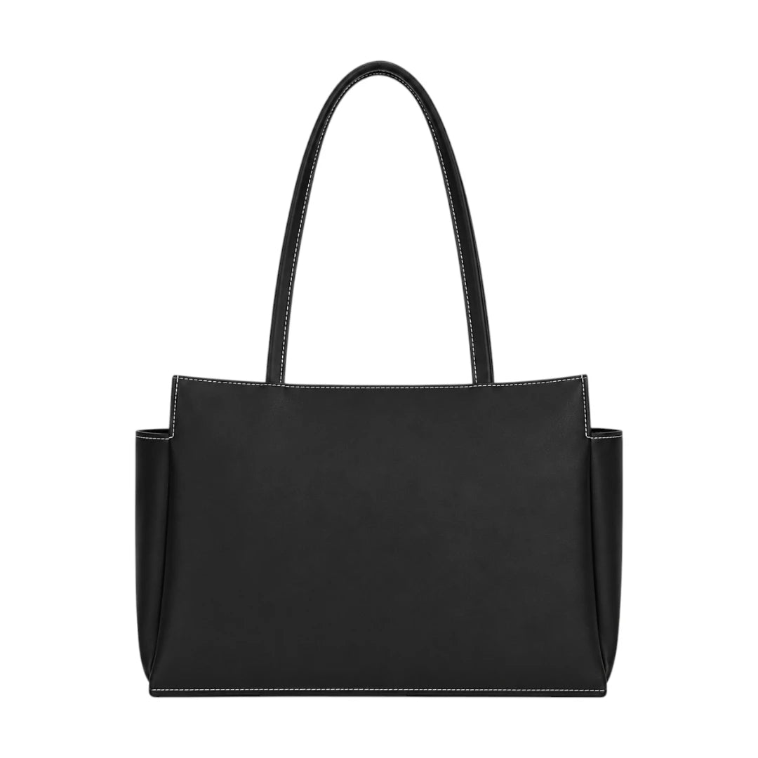 Lapenz Female Black Leather Shoulder Bag with Front Pockets