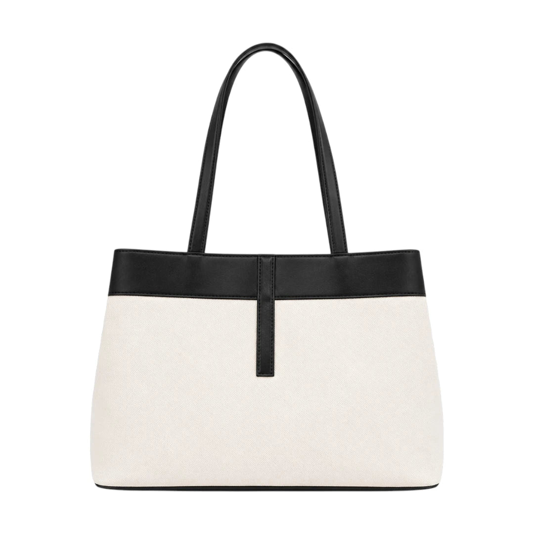 Lapenz Female White Canvas Tote Handbag with Gold Turn-Lock Clasp