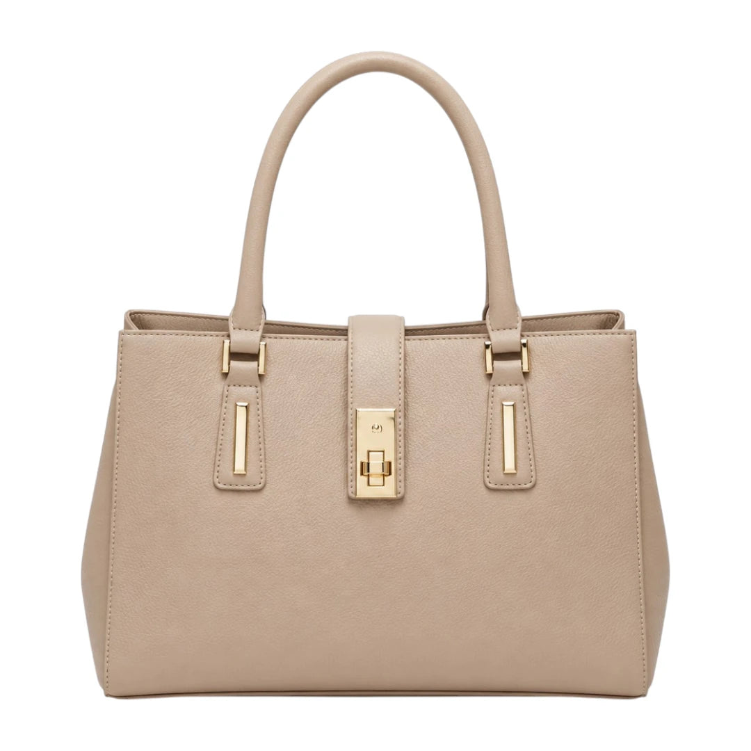 Lapenz Women's Beige Structured Handbag with Gold Clasp and Center Strap