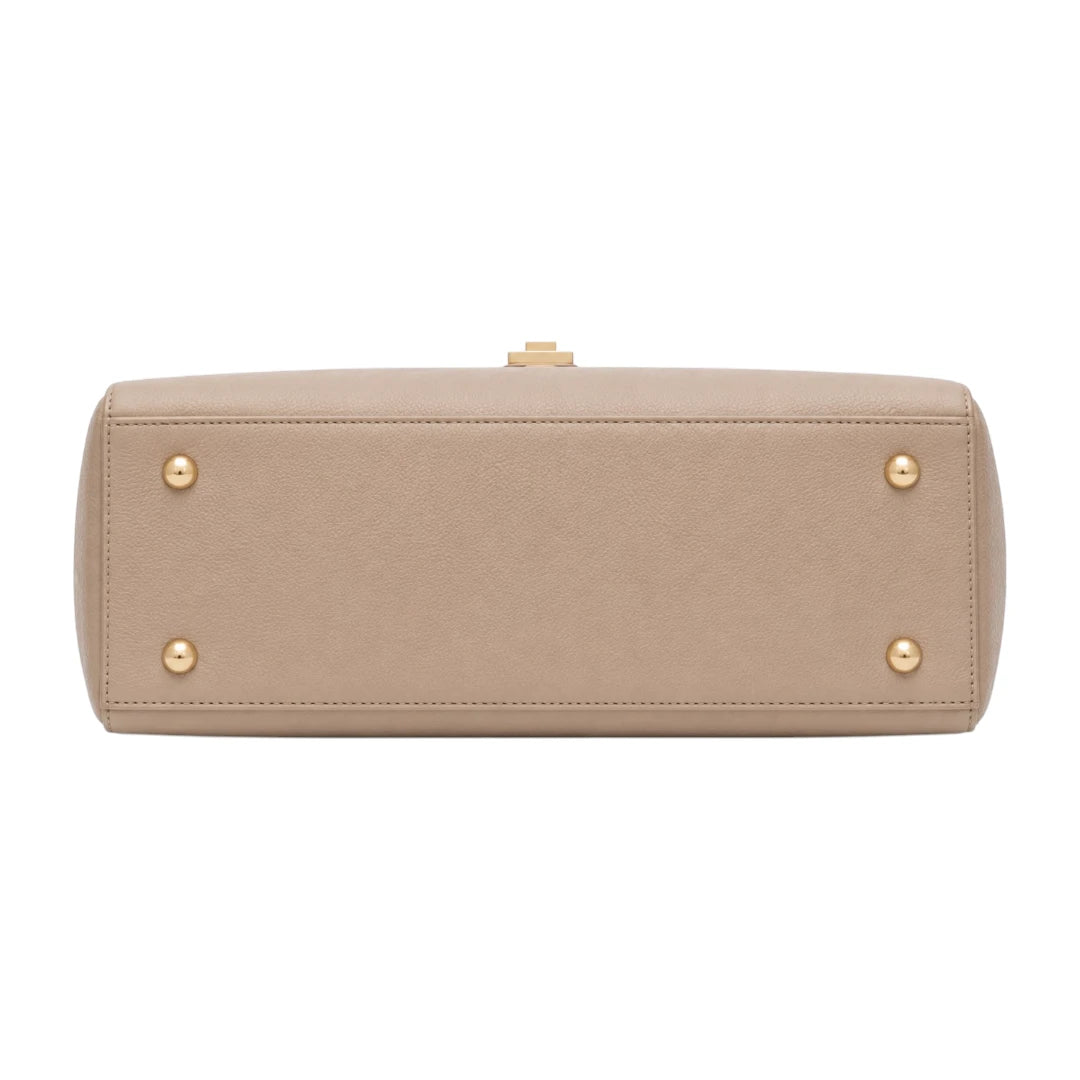 Lapenz Women's Beige Structured Handbag with Gold Clasp and Center Strap